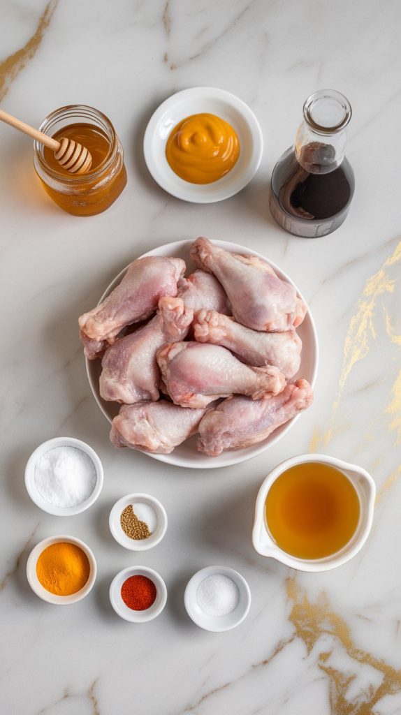 A glass jar of honey with a honey dipper, two small bowls of Dijon and yellow mustard, a soy sauce bottle, apple cider vinegar in a small measuring cup