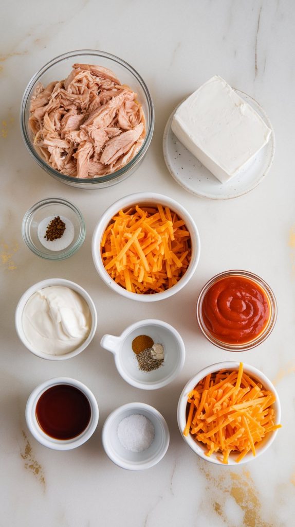 all the ingredients for crockpot buffalo chicken dip