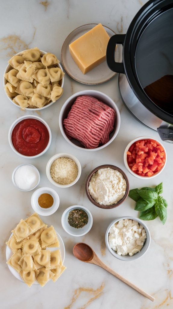 all the ingredients for crockpot ravioli lasagna