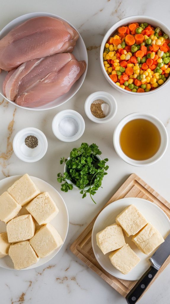 all the ingredients needed for crockpot chicken and dumplings