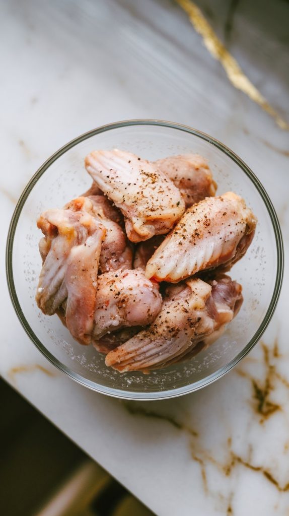 raw chicken wings in a glass bowl, sprinkled with salt and black pepper