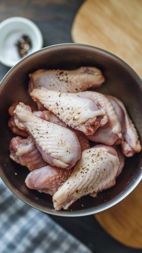 raw chicken wings in a mixing bowl, lightly seasoned with salt and black pepper