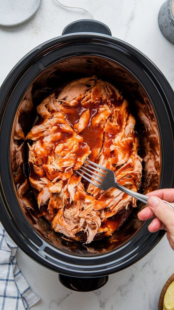 shredded BBQ chicken being mixed in a slow cooker