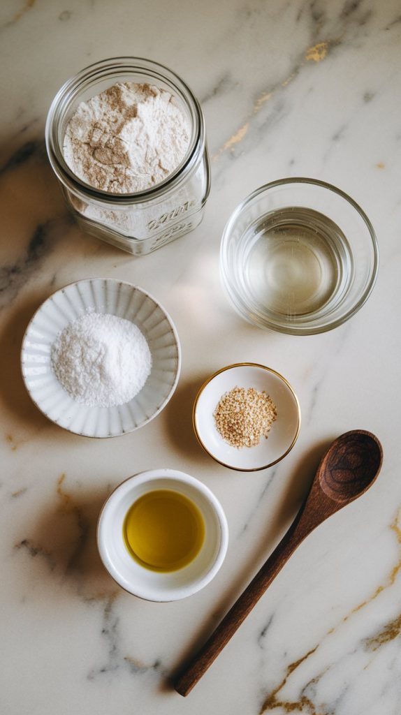 all the ingredients for Rustic Crockpot Bread displayed on a white marble counter with hints of gold