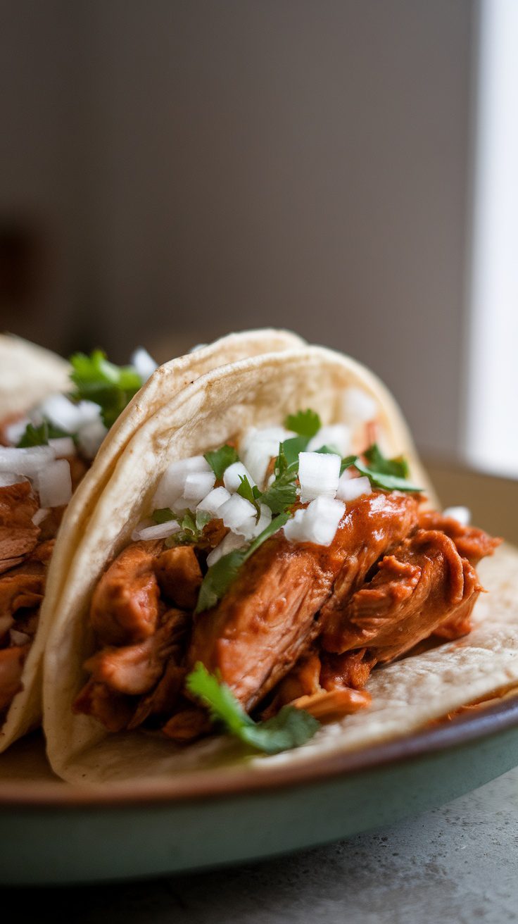 Delicious adobo chicken tacos with fresh toppings