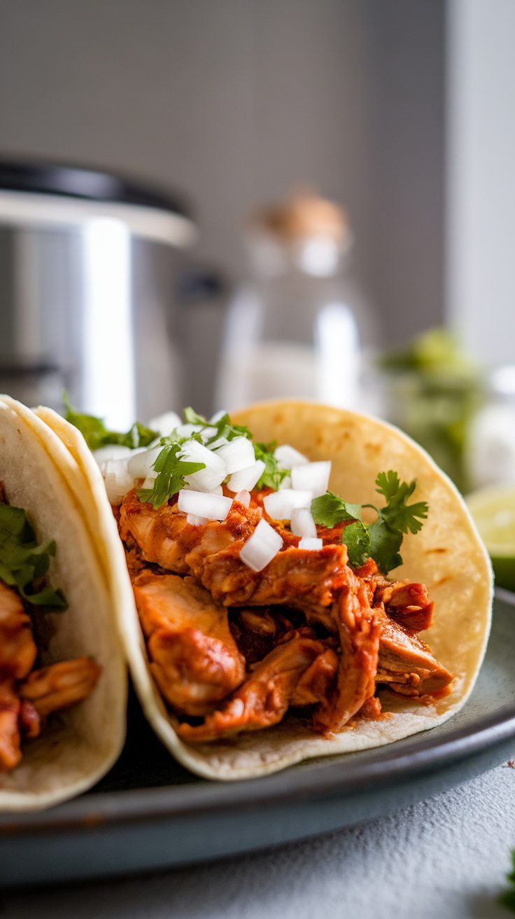 Tacos filled with shredded chicken, topped with onion and cilantro, next to a crockpot