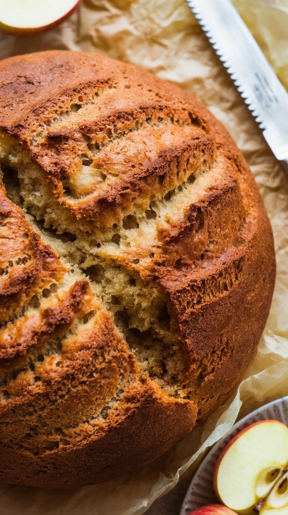 A freshly baked apple cinnamon bread loaf resting on parchment paper, with a golden brown crust