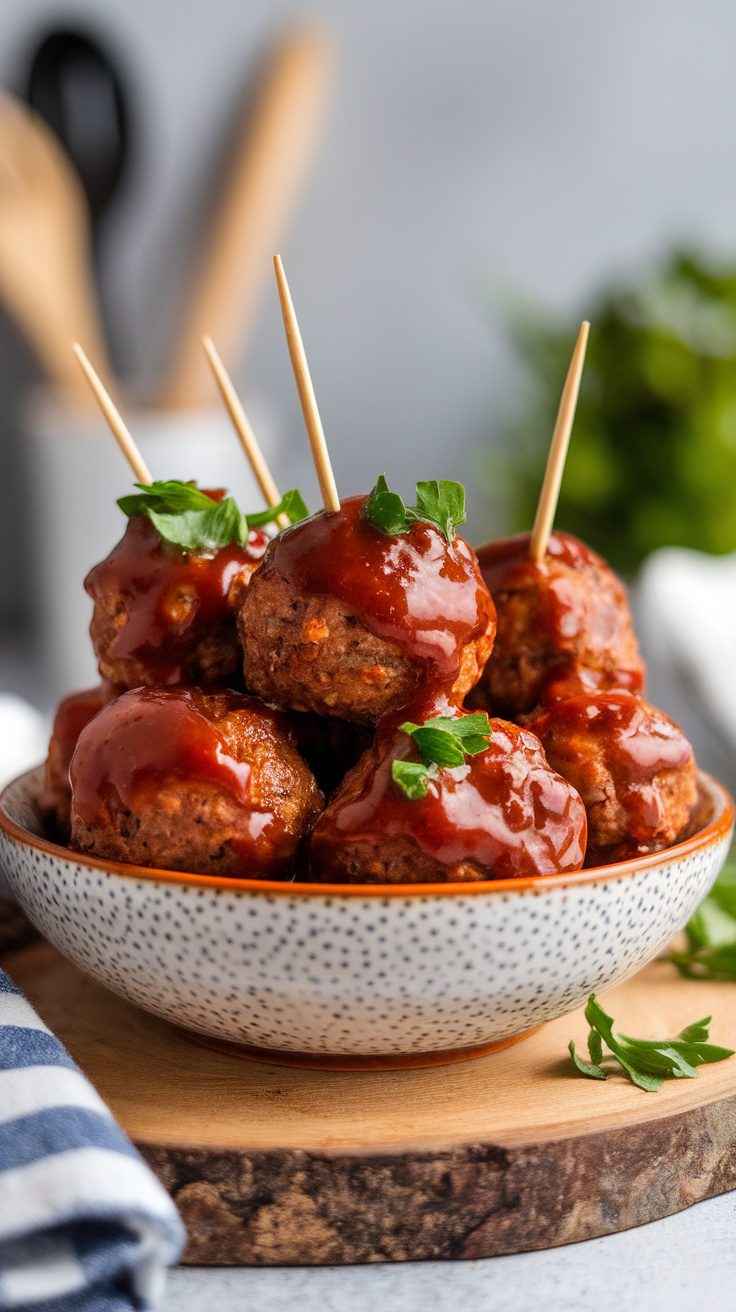 A bowl of BBQ meatballs with sauce on top, garnished with parsley.