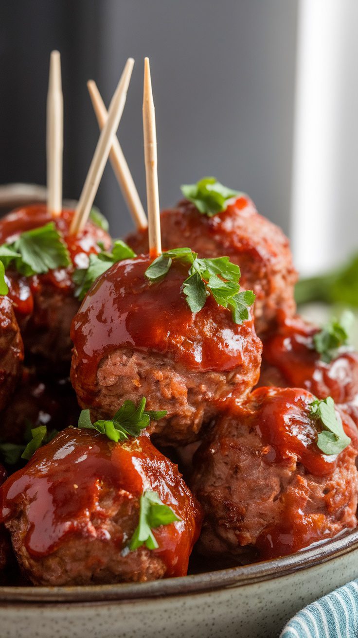 A platter of BBQ meatballs garnished with parsley and toothpicks.