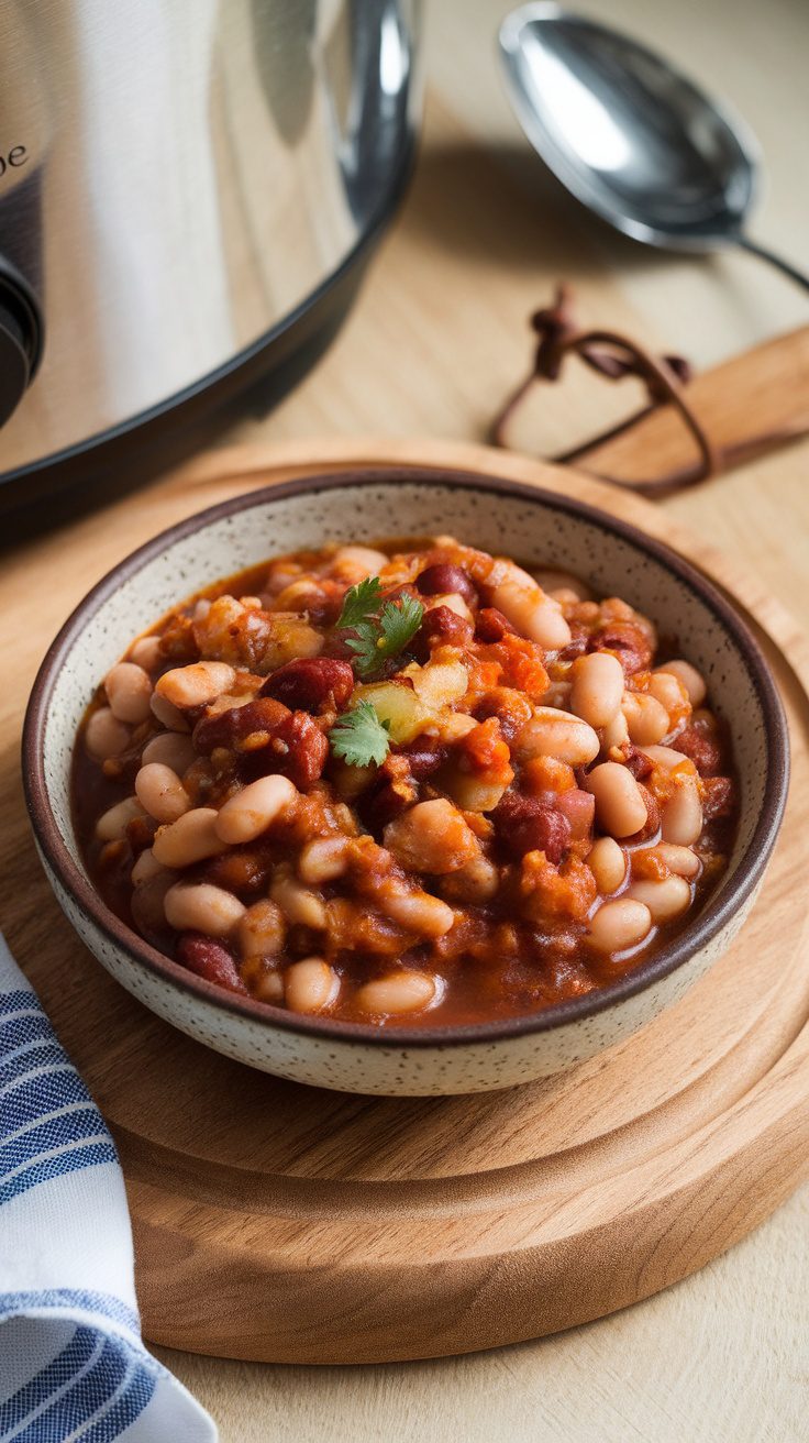 Bowl of pinto beans with a spoon and a crockpot in the background