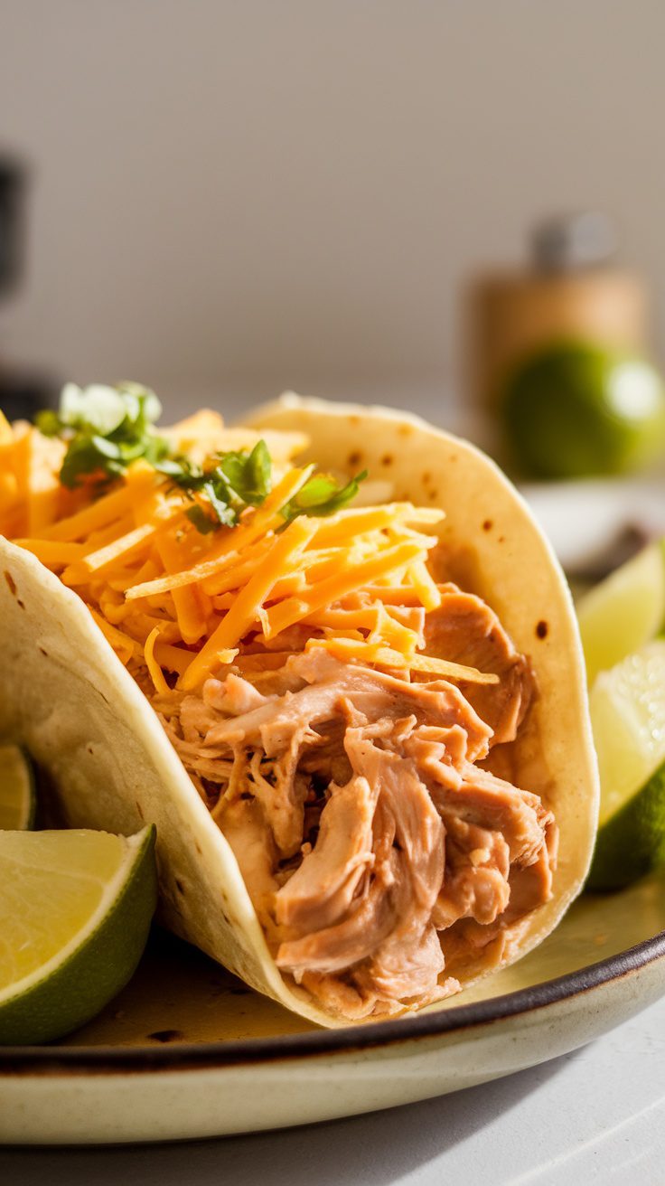 Creamy crockpot chicken tacos with shredded chicken and cheese in a tortilla.