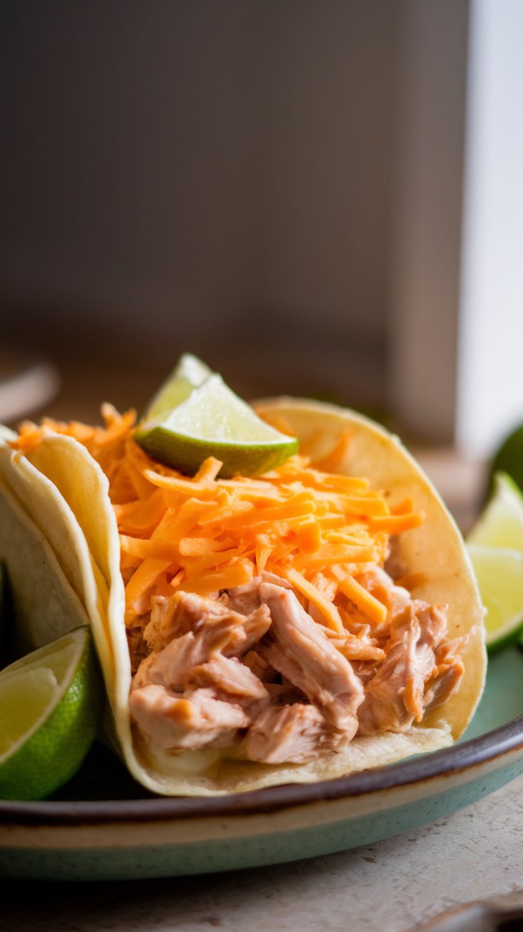 Delicious creamy chicken tacos topped with cheese and lime wedges.