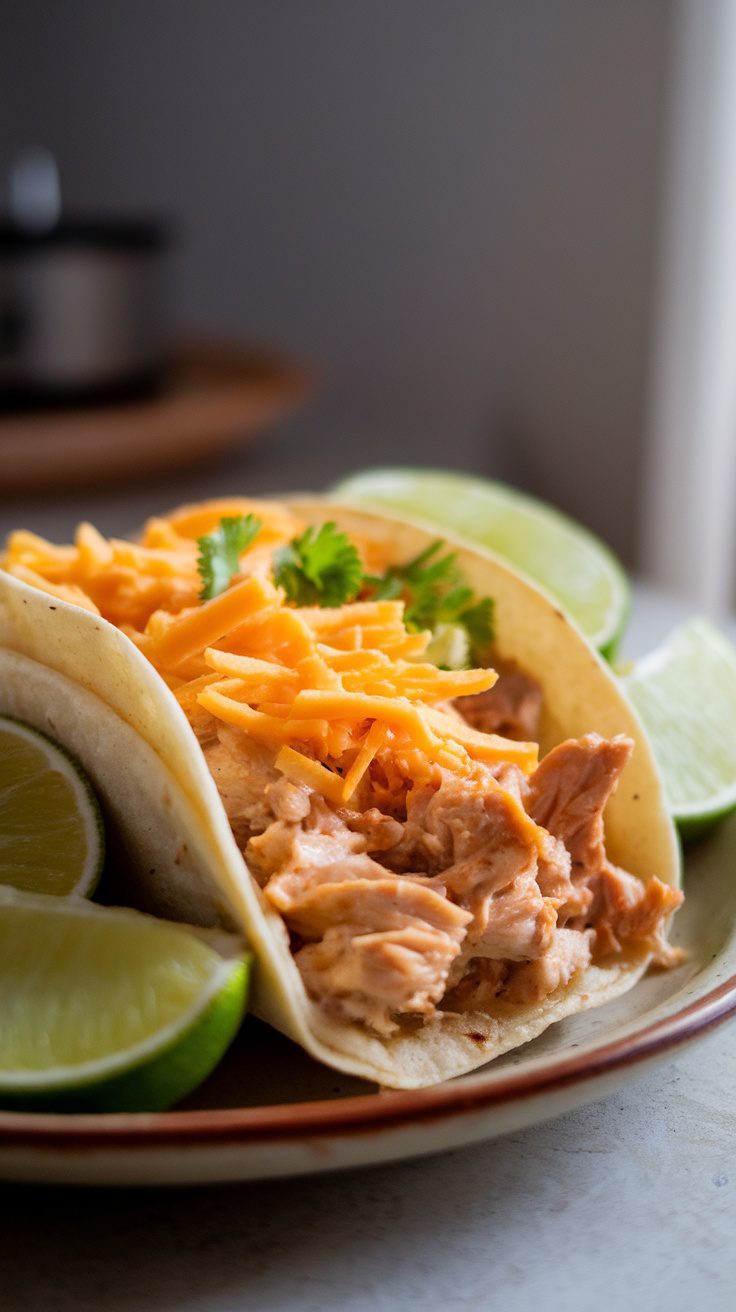 Creamy crockpot chicken tacos served with lime wedges