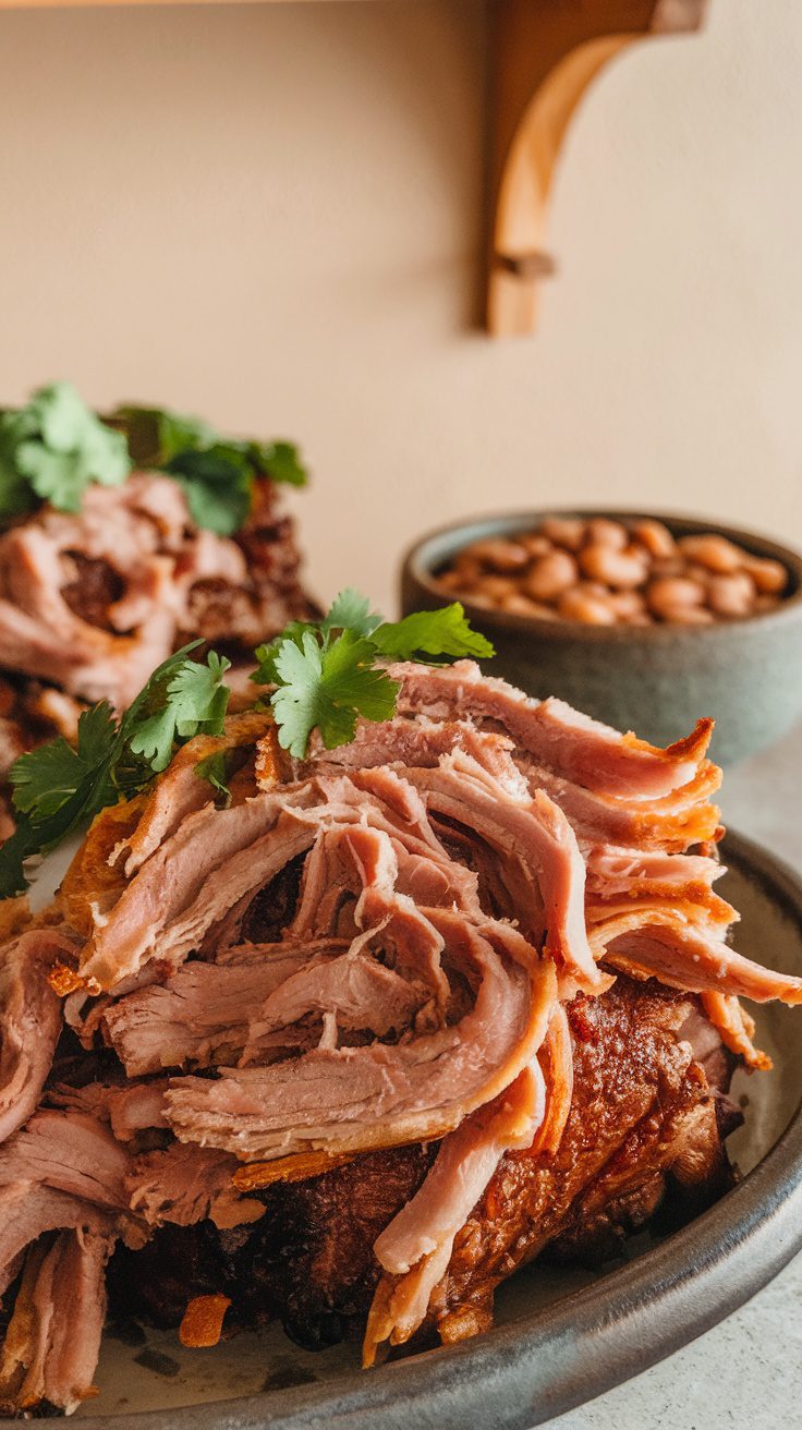 A plate of crispy slow cooker carnitas garnished with cilantro, accompanied by a bowl of beans.