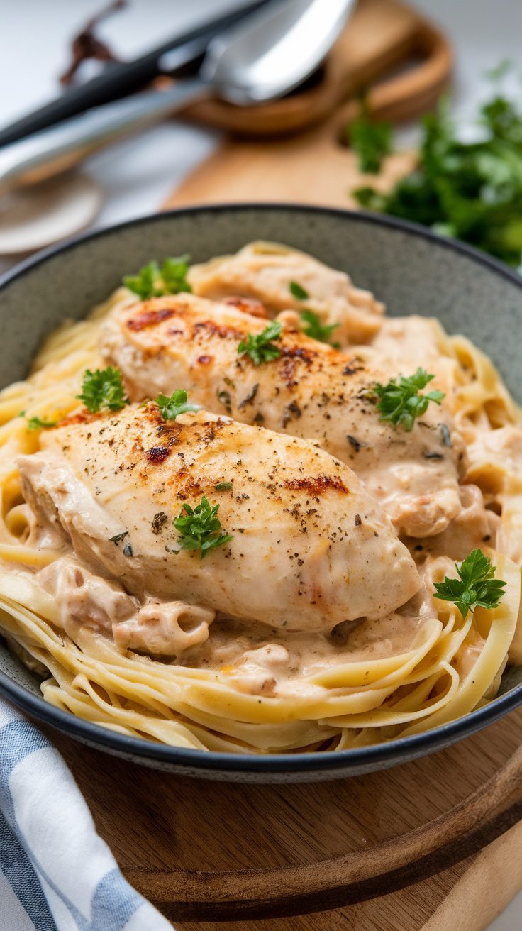 A bowl of creamy Angel Chicken served over pasta with parsley garnish.