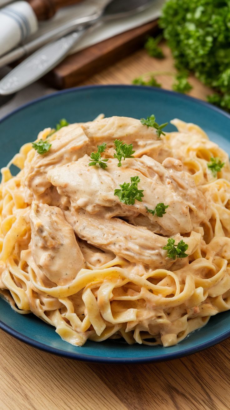 Creamy crockpot chicken dish served over fettuccine with parsley garnish on top.