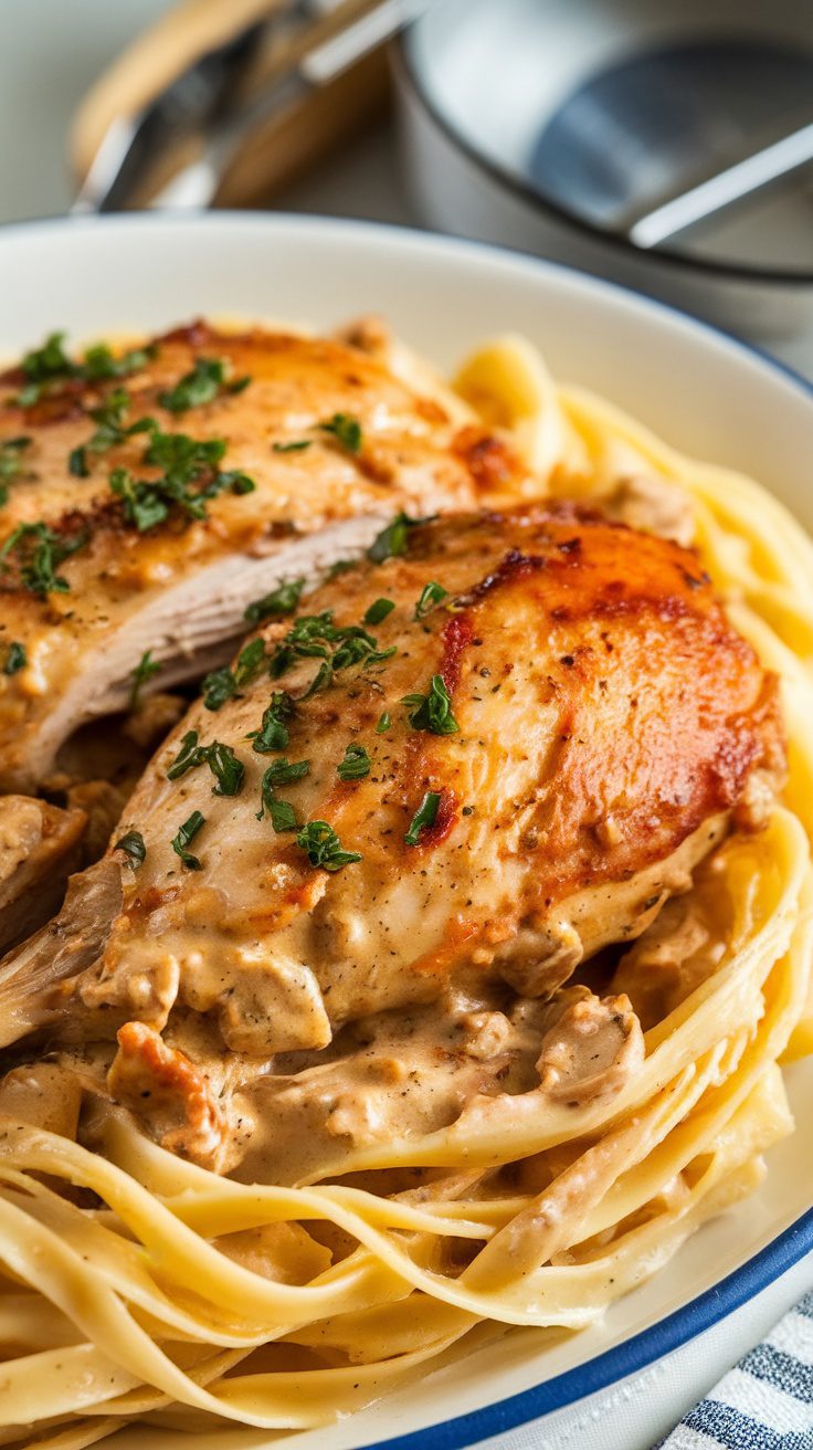 A plate of Crockpot Angel Chicken served over pasta, garnished with herbs.