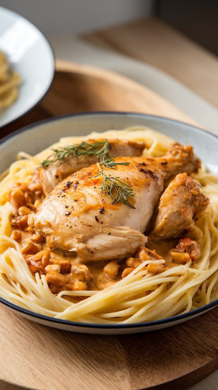 A plate of Crockpot Angel Chicken served with spaghetti and a creamy sauce