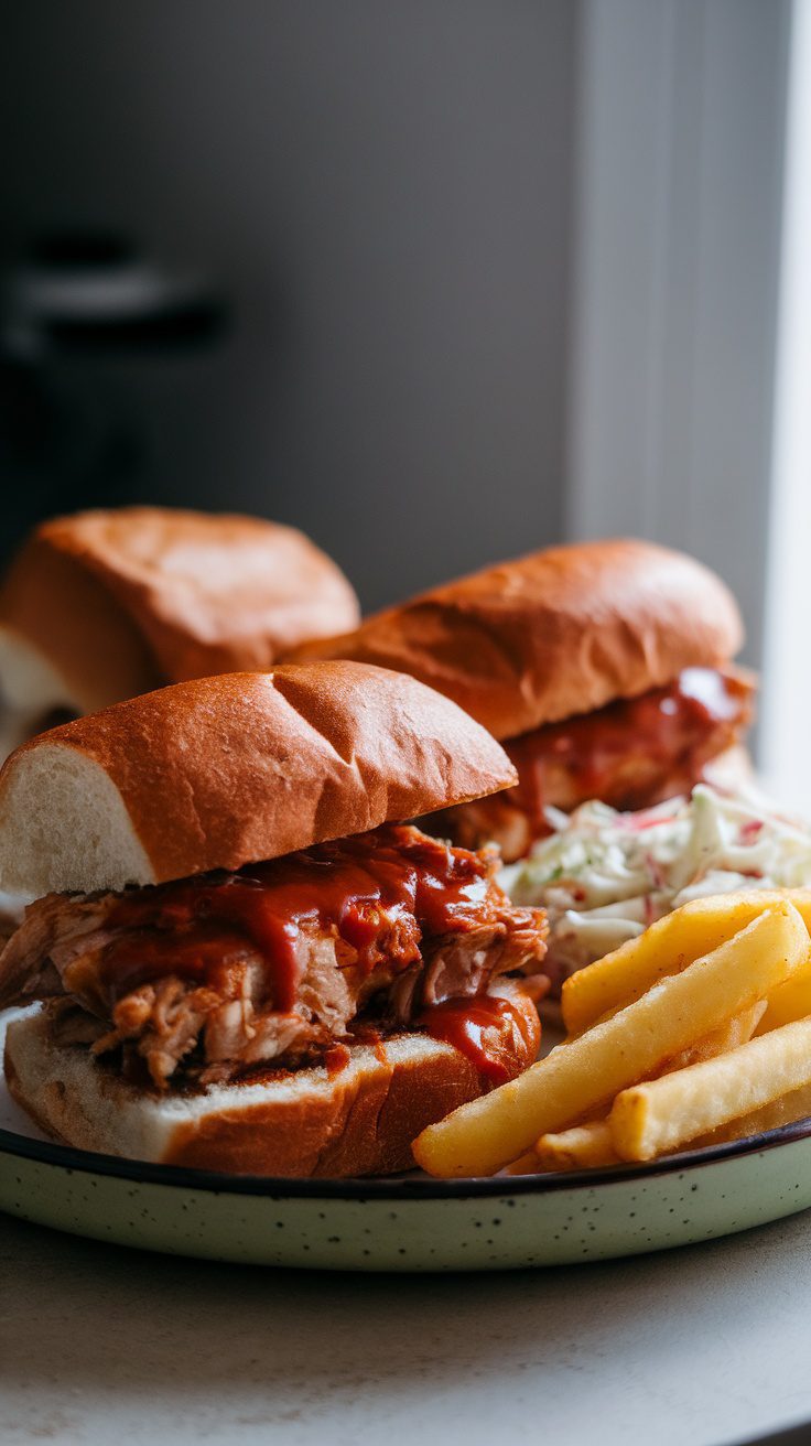 Delicious BBQ chicken sandwiches with fries and coleslaw