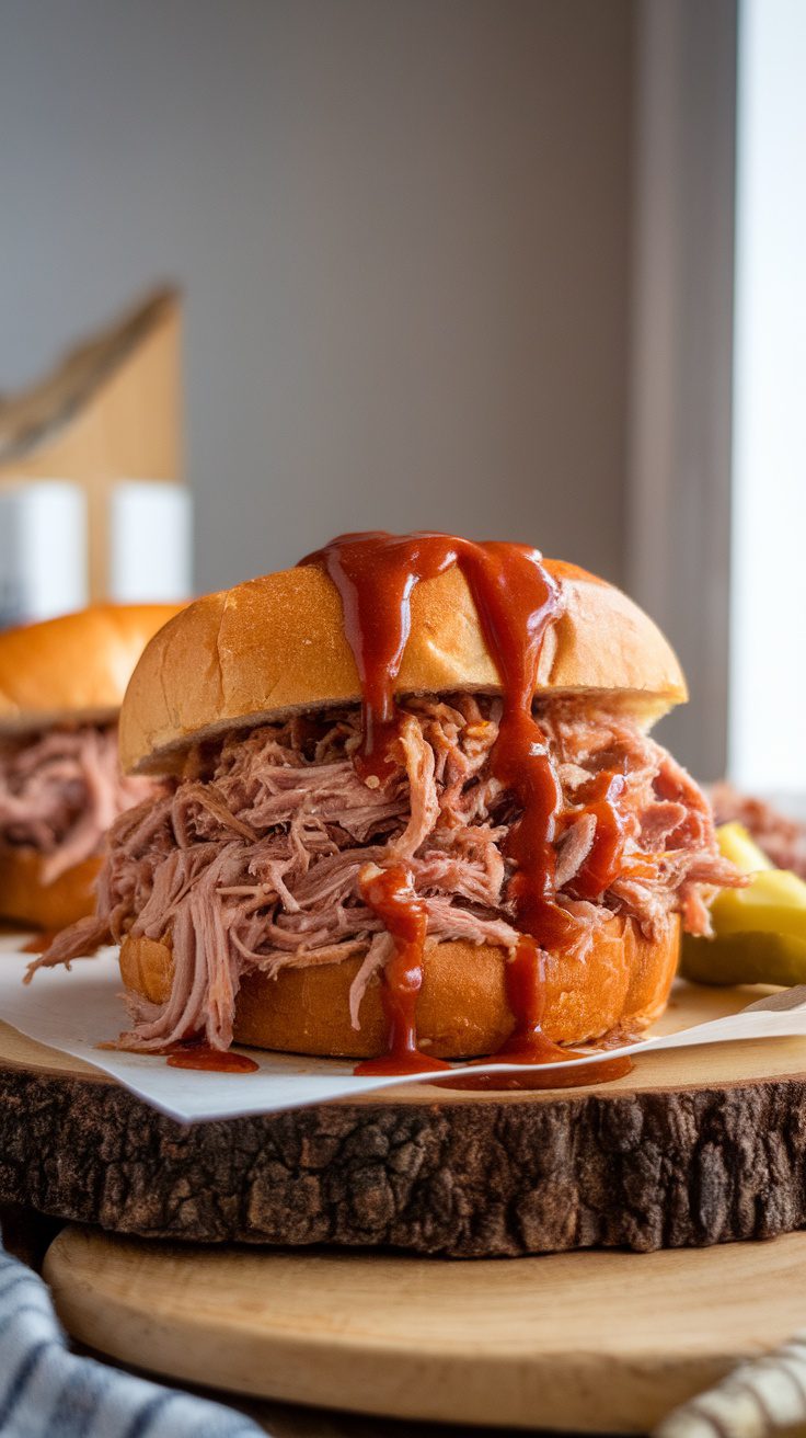 A close-up of a BBQ pulled pork sandwich with sauce dripping down