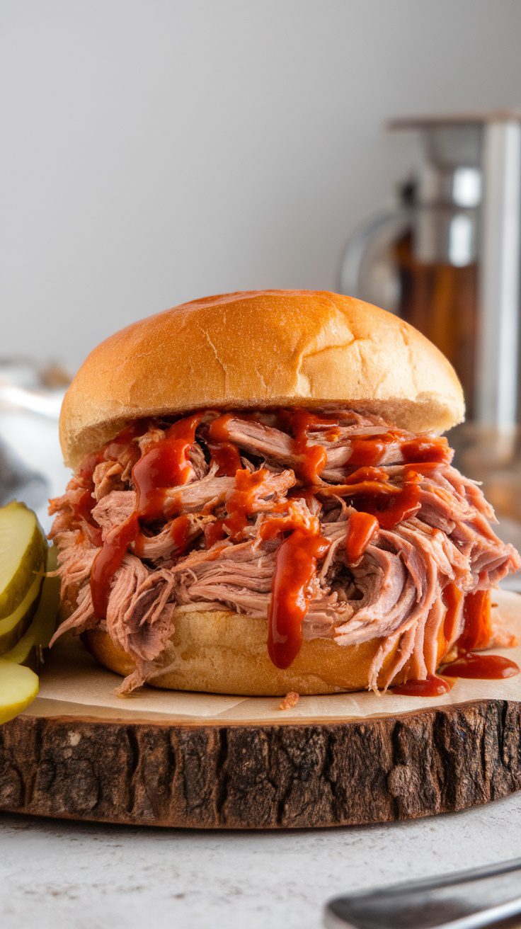 A delicious BBQ pulled pork sandwich topped with sauce.