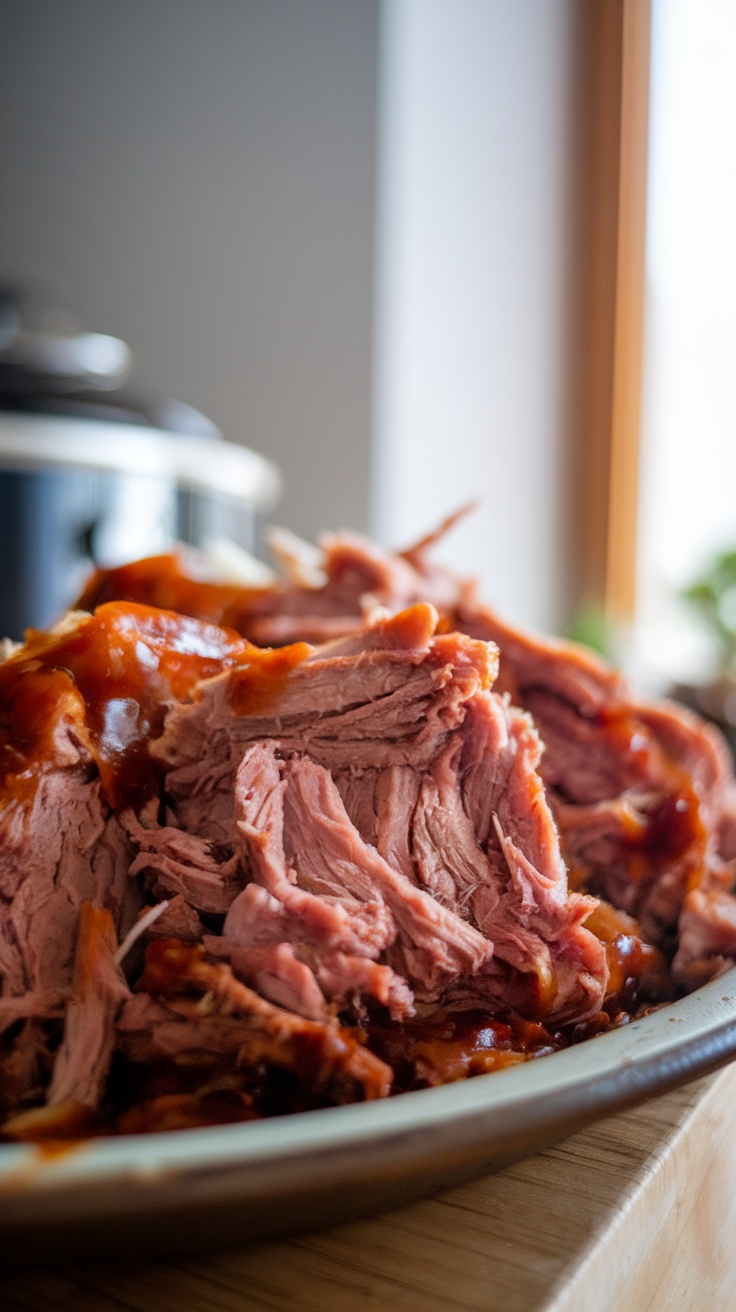 A plate of shredded BBQ pulled pork topped with sauce, placed next to a slow cooker.