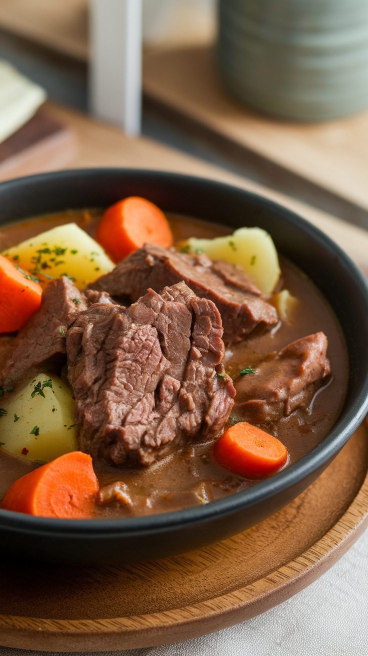 A bowl of beef stew with potatoes and carrots.