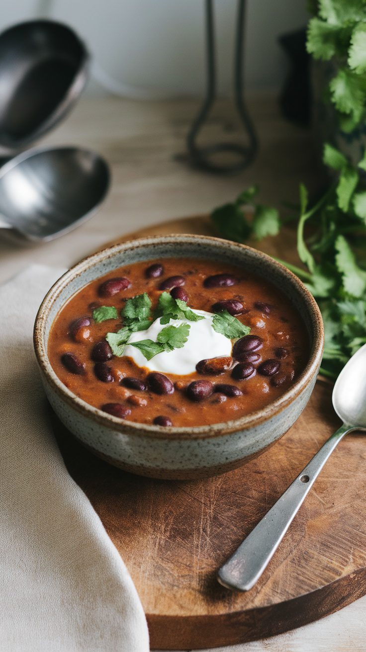 A bowl of black bean soup garnished with cilantro and sour cream, placed on a wooden cutting board.