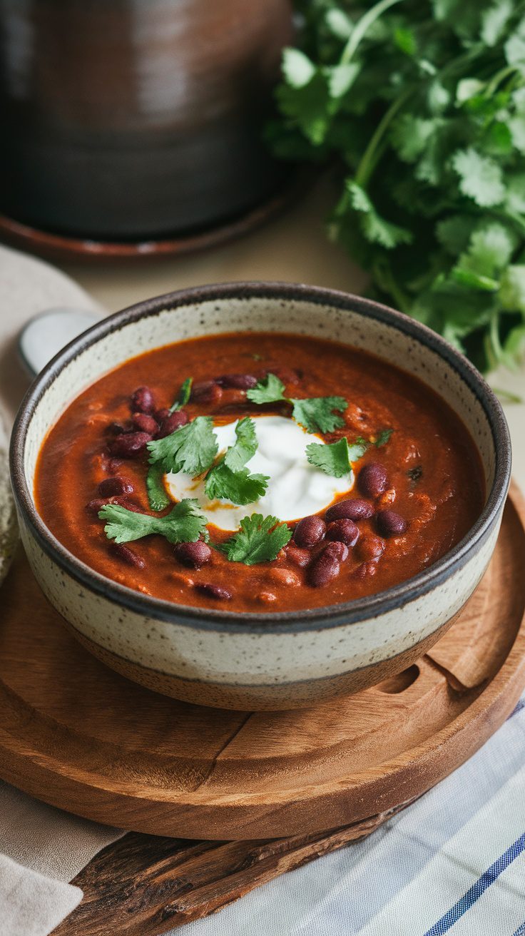 A bowl of black bean soup garnished with cilantro and sour cream.