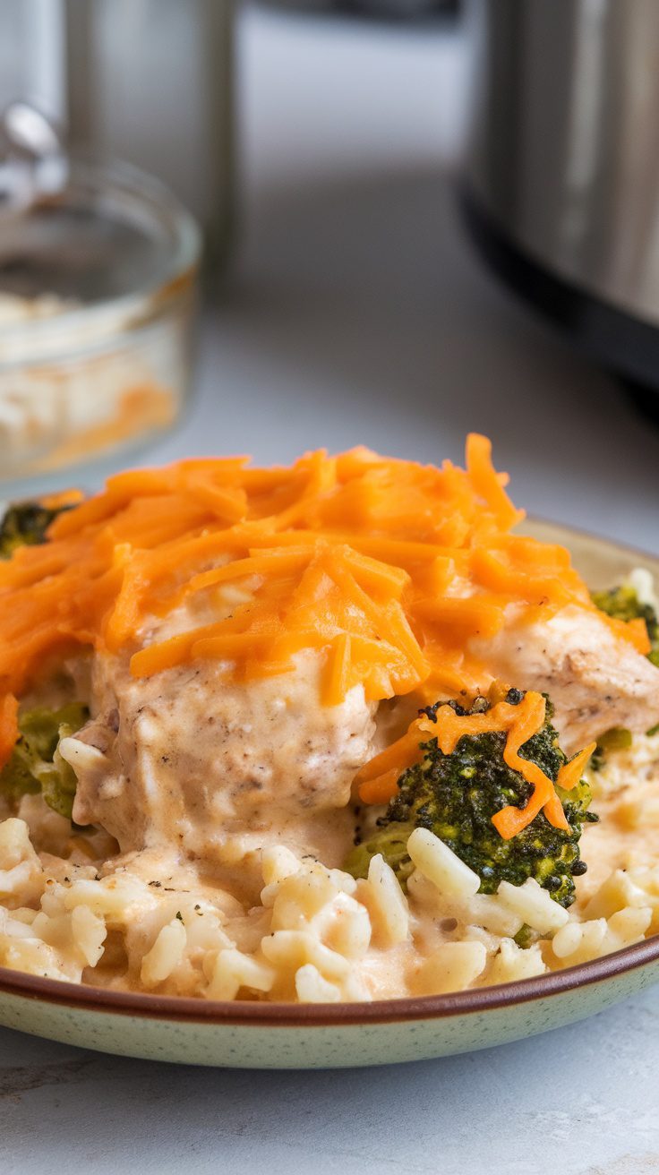 Bowl of cheesy chicken broccoli rice with broccoli and shredded cheese on top