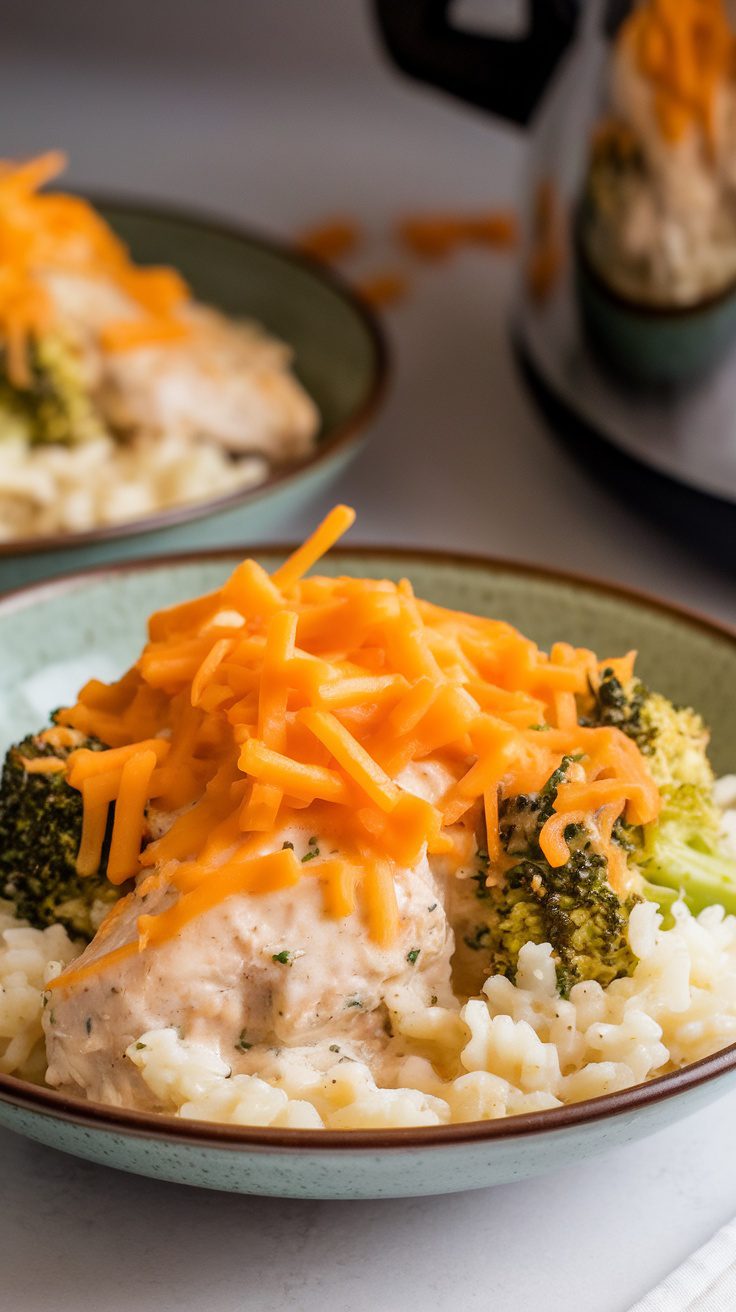 A bowl of crockpot cheesy chicken broccoli rice topped with shredded cheese.