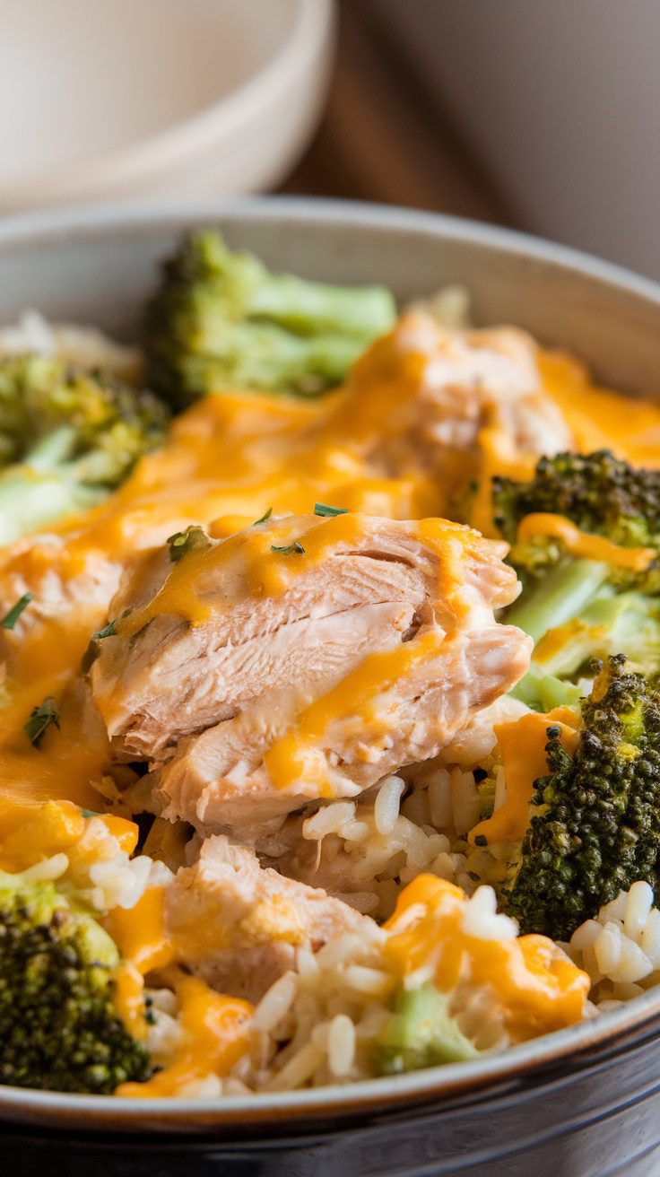 Crockpot Cheesy Chicken Broccoli Rice dish with chicken, broccoli, and cheese