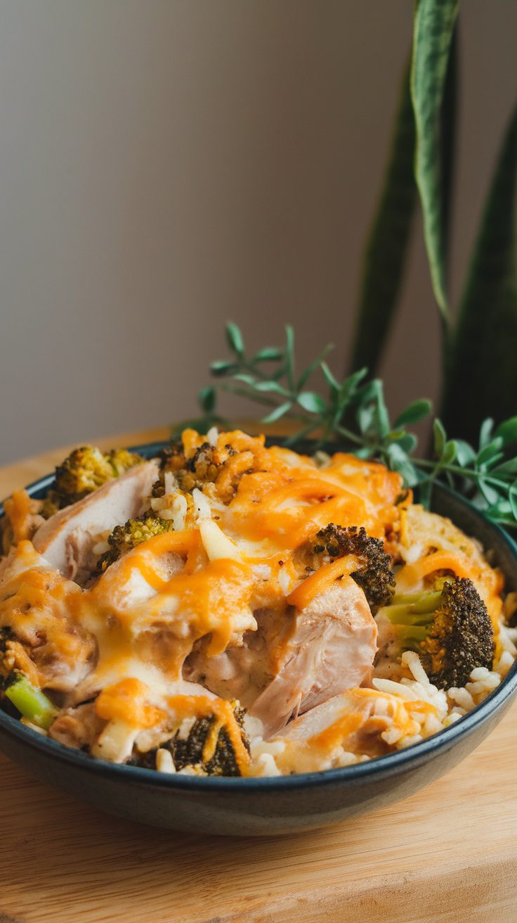 A bowl of cheesy chicken broccoli rice with broccoli and shredded cheese on top