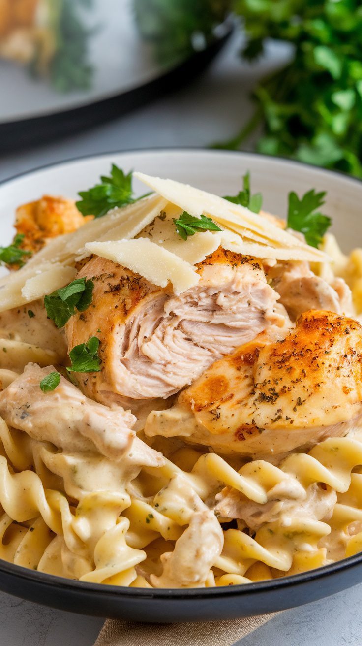 A plate of chicken alfredo with pasta, garnished with parsley and parmesan cheese.