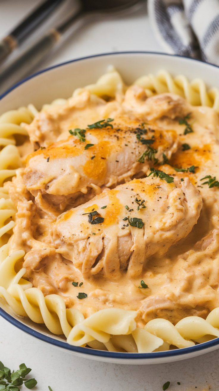 A bowl of creamy chicken alfredo pasta topped with parsley