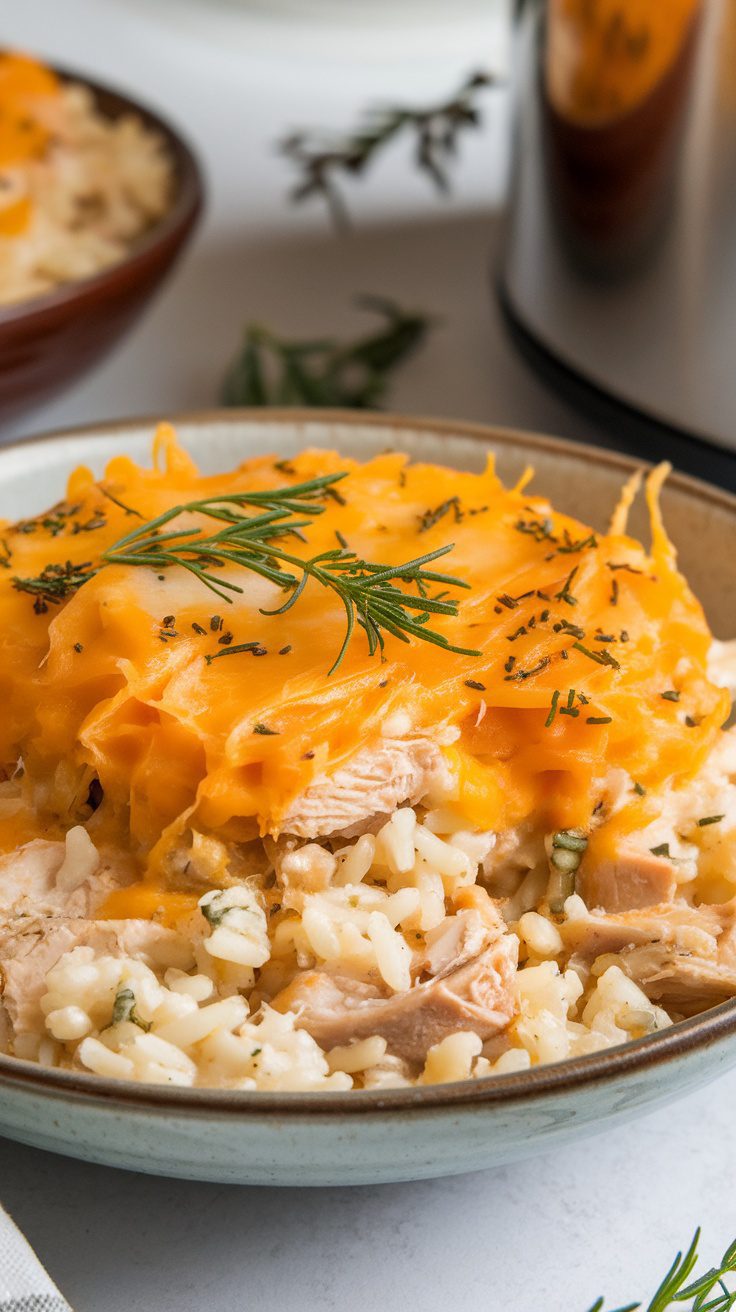 A serving of creamy crockpot chicken and rice casserole topped with cheese and herbs