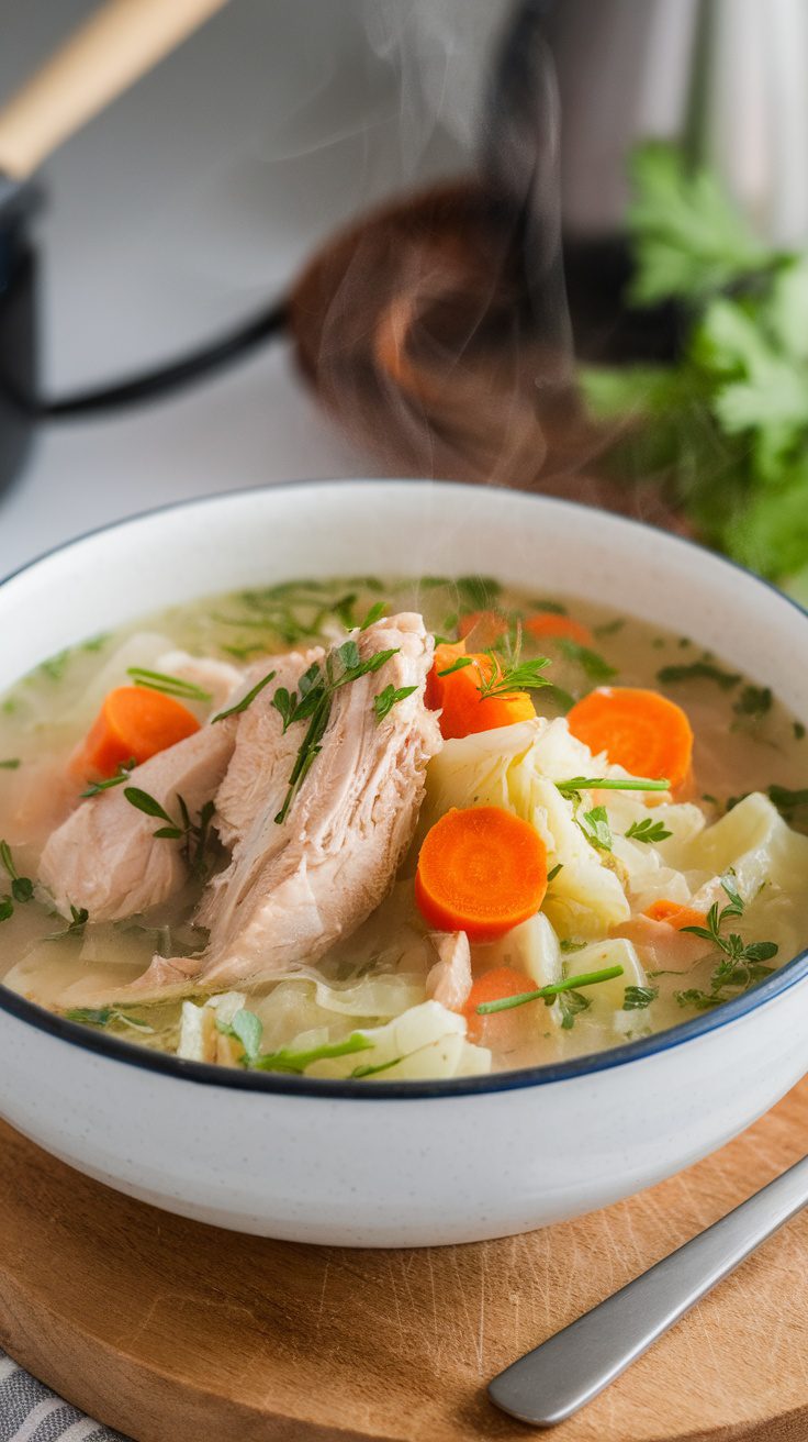 A steaming bowl of chicken cabbage soup with carrots and herbs