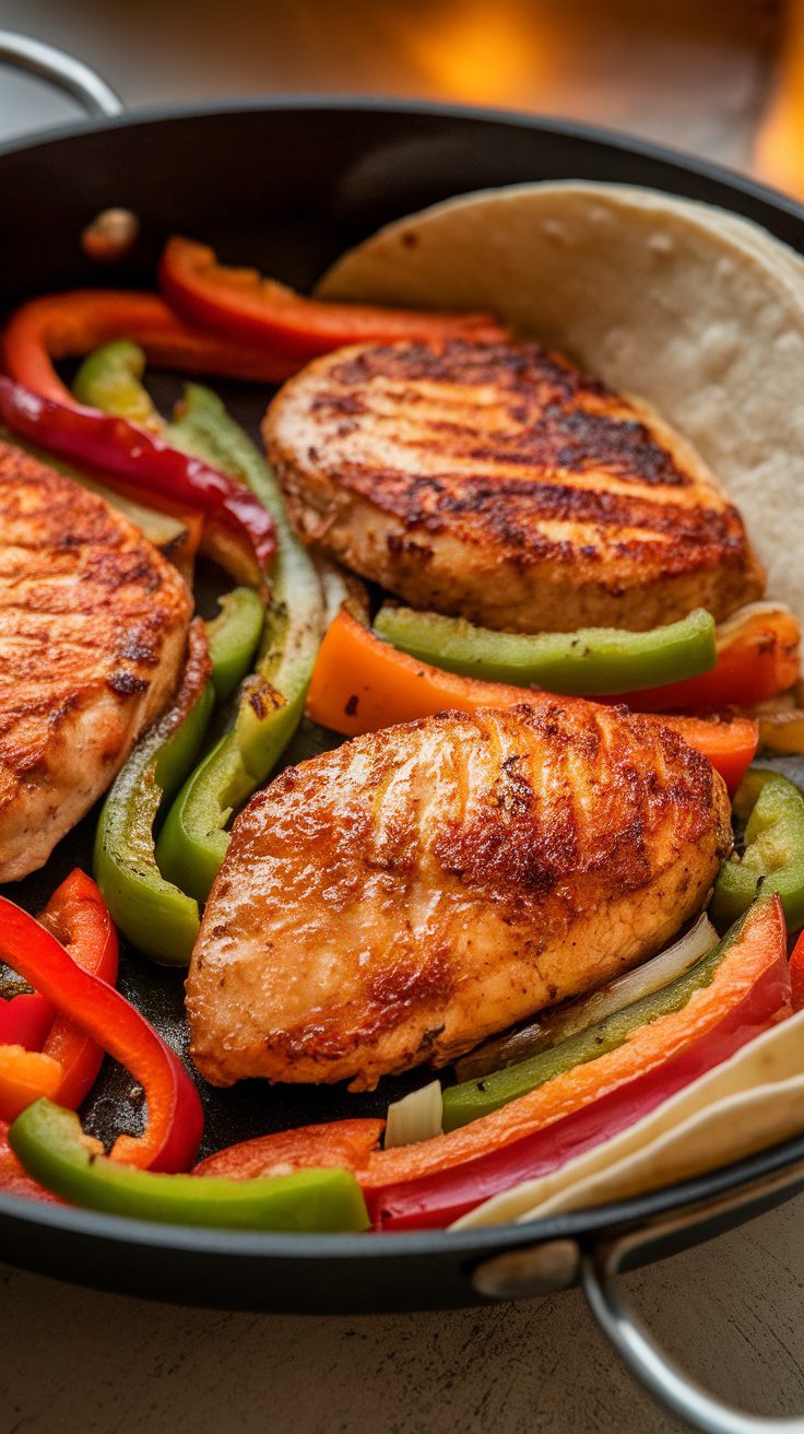 Delicious chicken fajitas with colorful bell peppers and tortillas