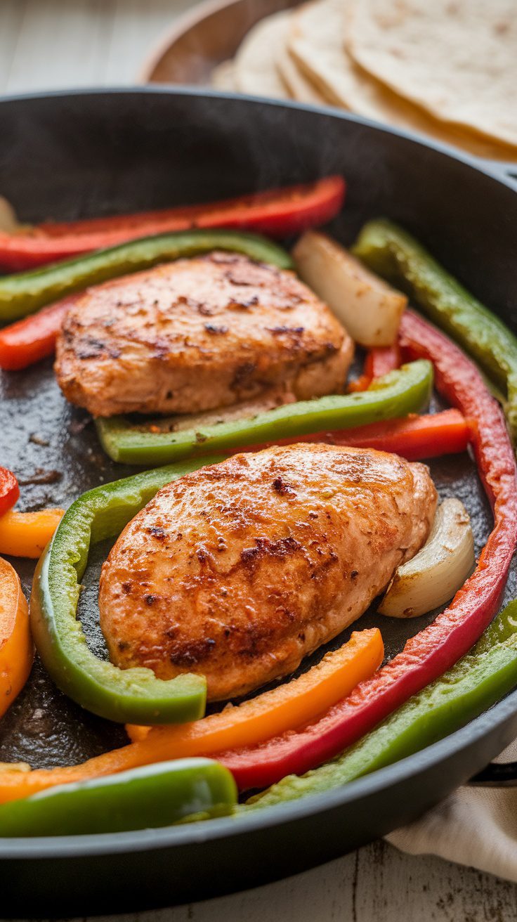 A skillet with chicken breasts and colorful bell peppers, steaming and ready to be served.