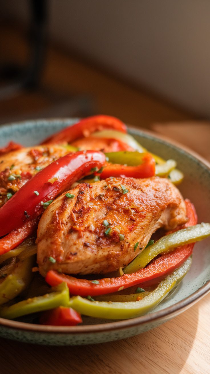 A plate of chicken fajitas with colorful bell peppers