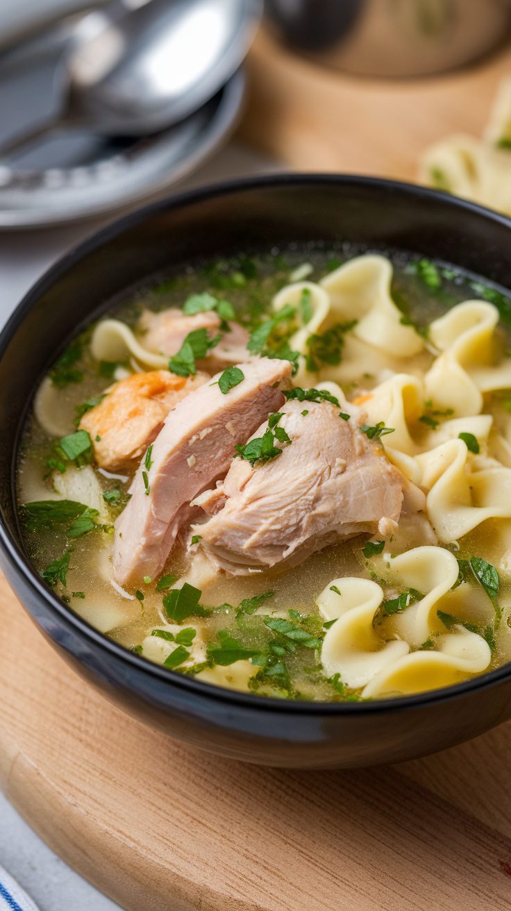 A comforting bowl of chicken noodle soup with rotini pasta and herbs