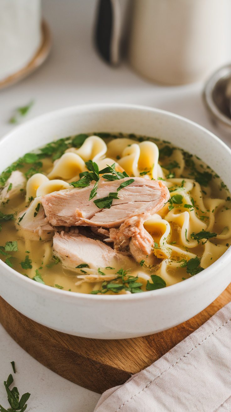 A bowl of chicken noodle soup containing pieces of chicken, noodles, and herbs, served in a white bowl on a wooden surface.