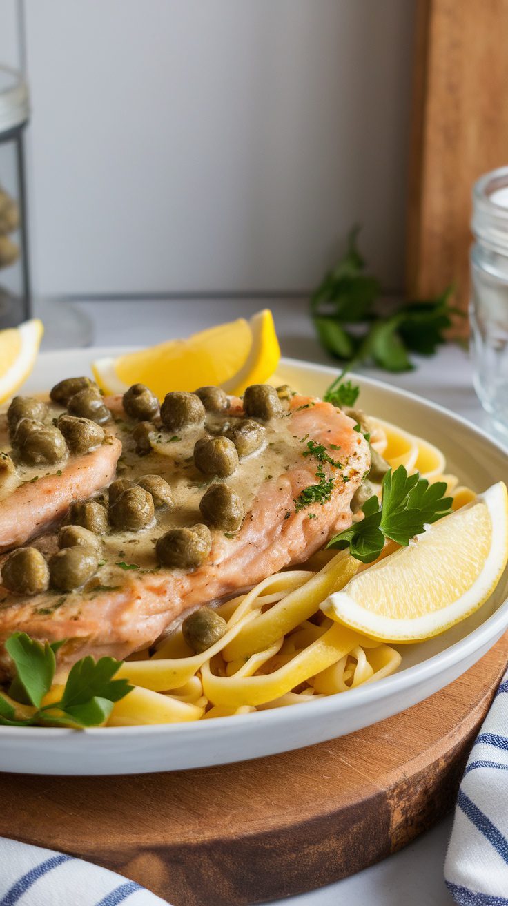 Plate of chicken piccata with lemon and capers