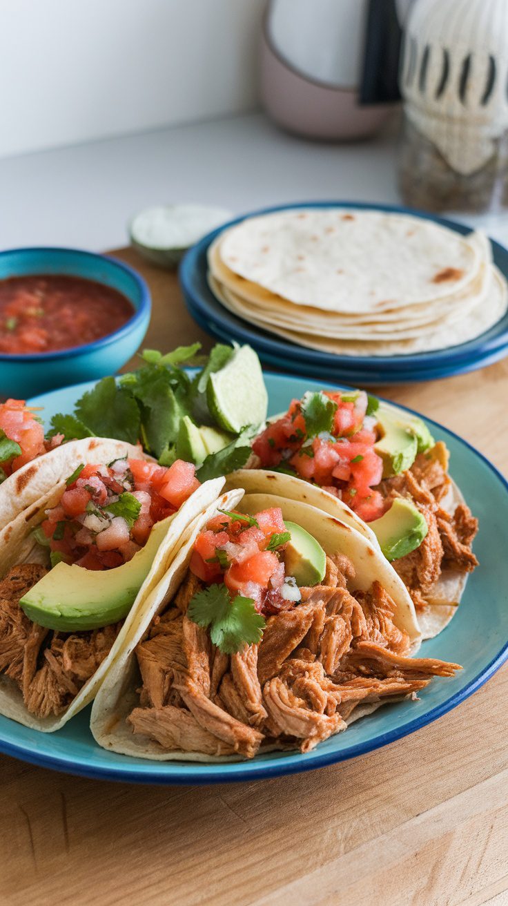 Plate of chicken tacos with toppings and tortillas