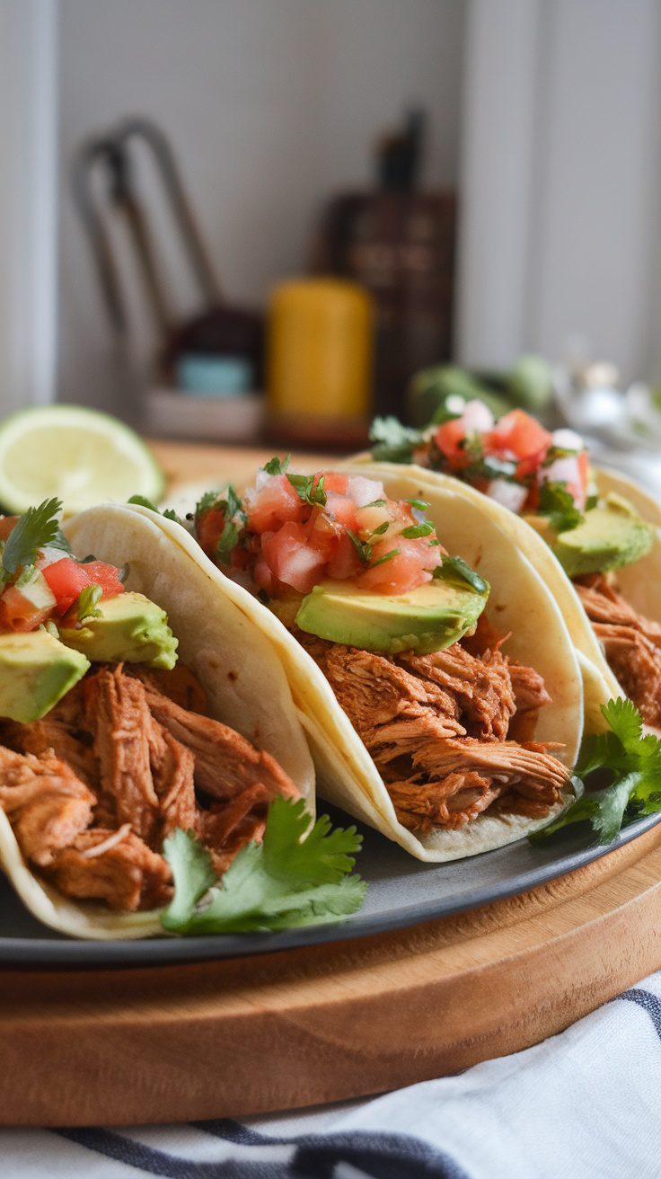 Three tacos filled with shredded chicken, avocado, and salsa on a plate.