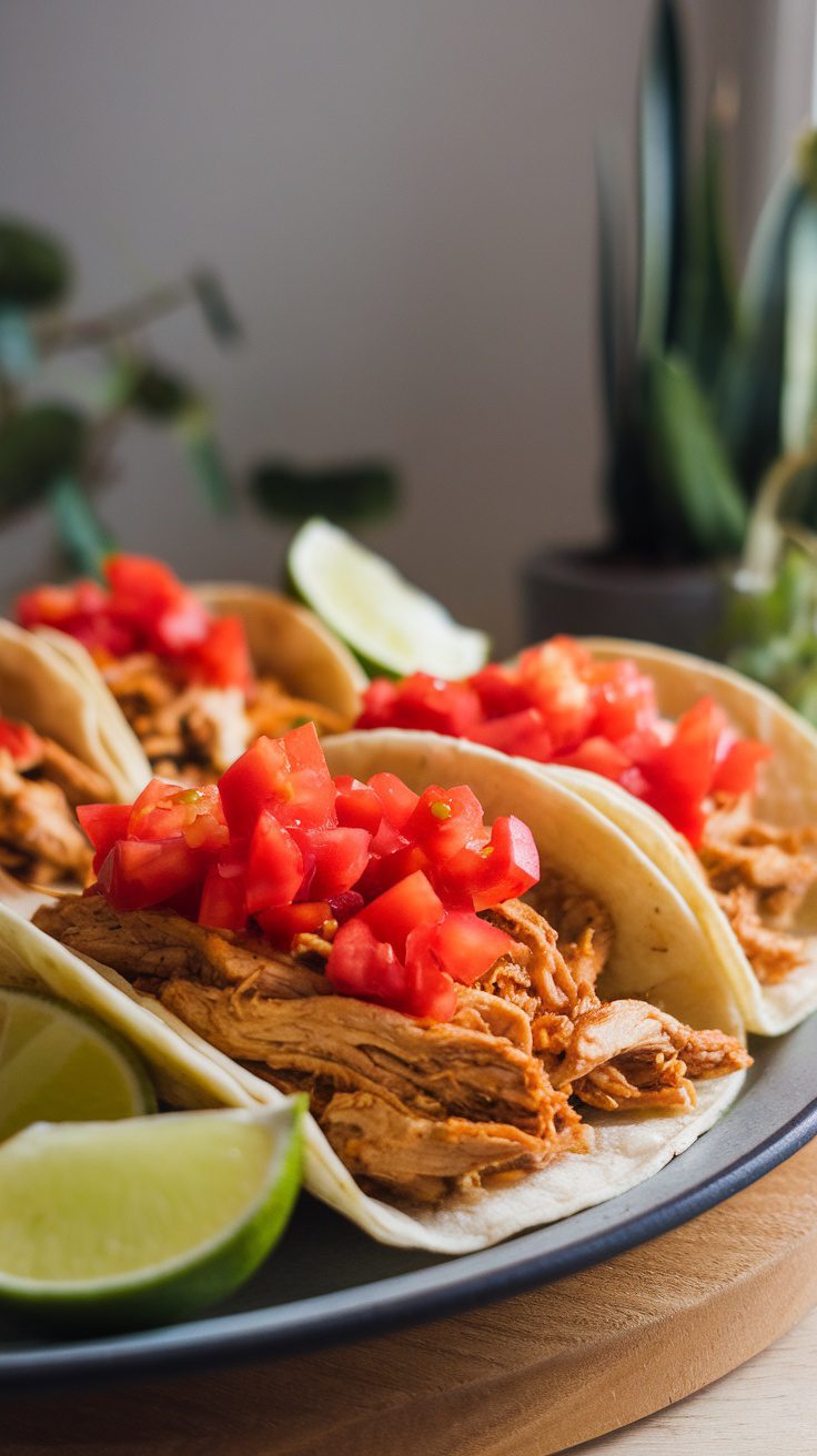 Crockpot chicken tacos with diced tomatoes, garnished with lime