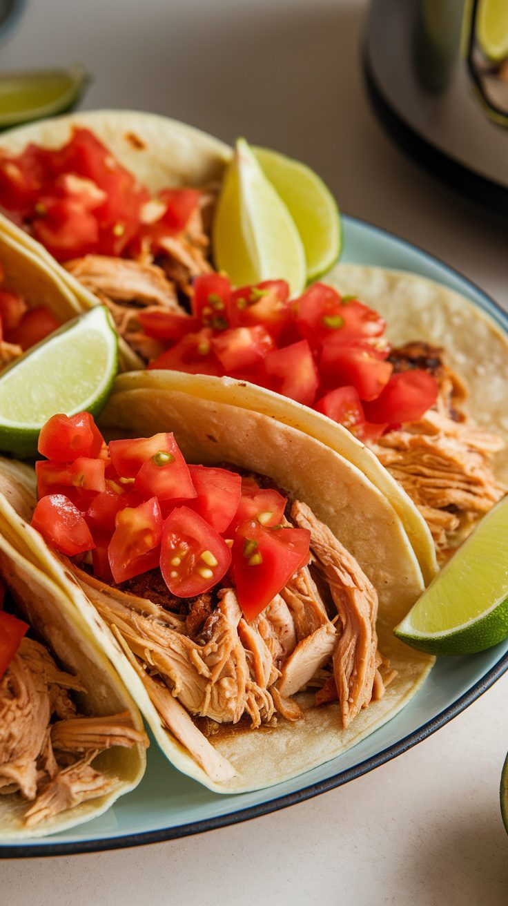 Crockpot chicken tacos topped with diced tomatoes and lime wedges