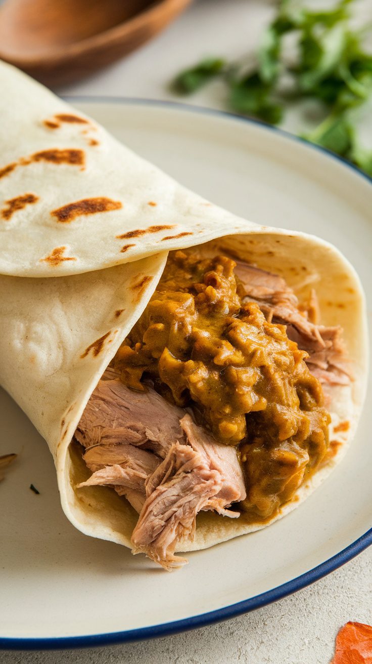 A close-up of a tortilla filled with shredded chicken and green chile