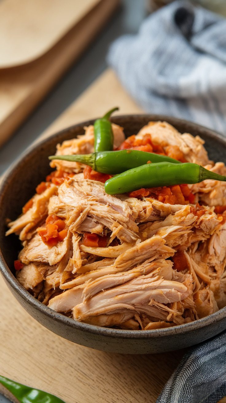 Bowl of shredded chicken topped with green chiles and diced tomatoes.