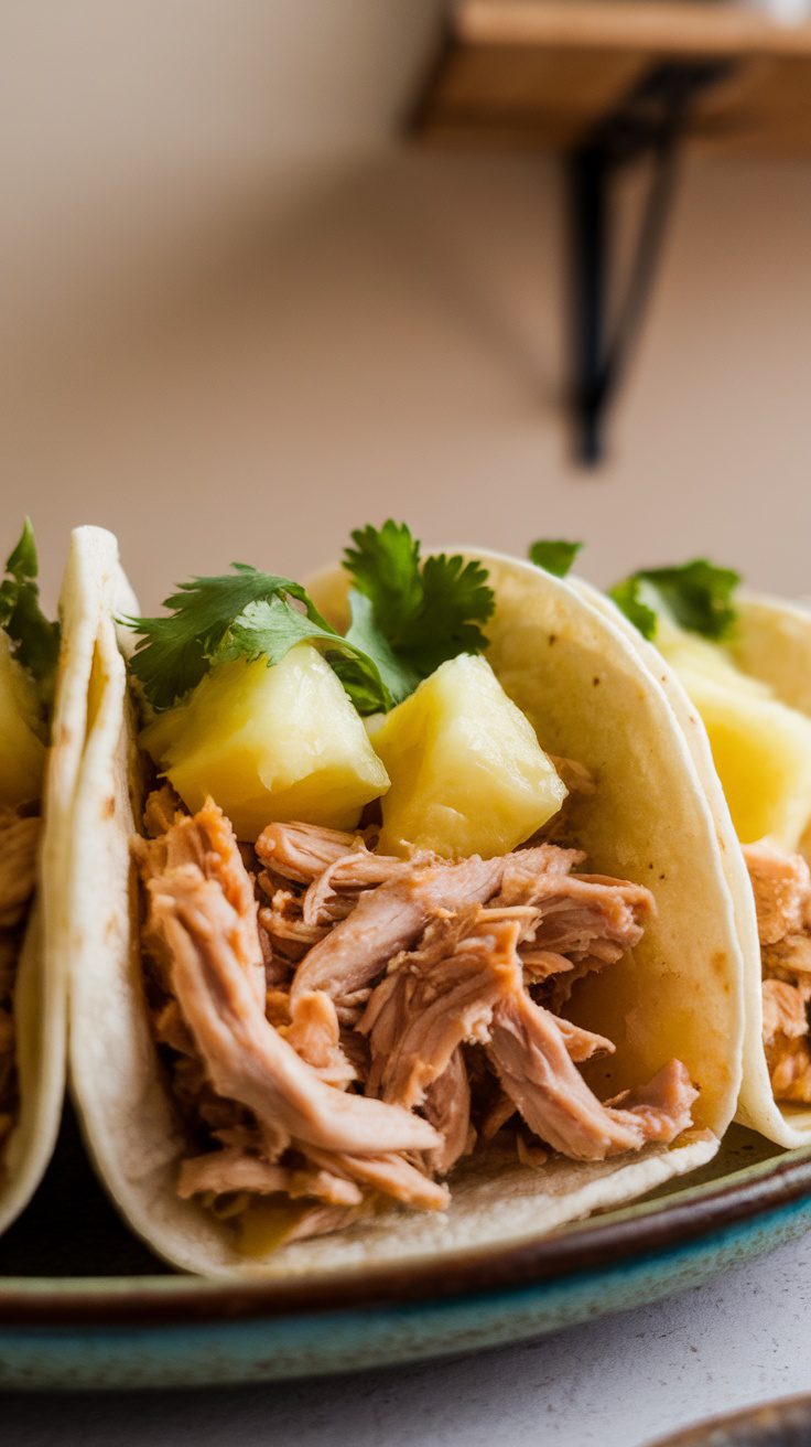 Crockpot chicken tacos with pineapple, cilantro, and tortillas on a plate